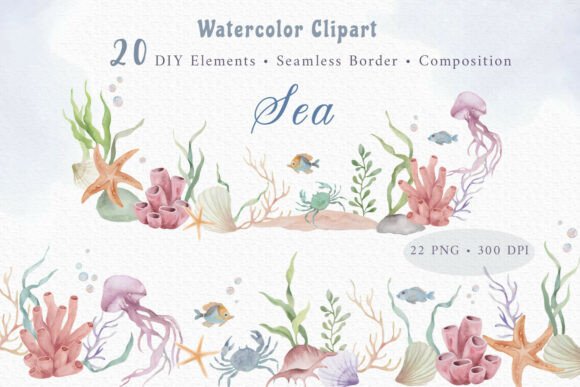 Download Painted Watercolor Sea Life Clipart Set - Paint Collection