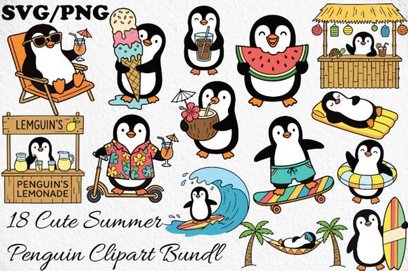 Download Cute Summer Penguin Clipart Bundle - Penguin clipart Collection